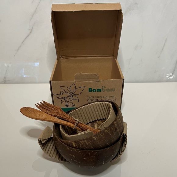 BAMBAW COCONUT SET WITH WOODEN CUTLERY SET OF TWO WOODEN BOWLS - Picture 9 of 15